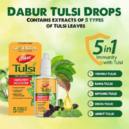 Dabur Tulsi Drops- 50% Extra: Concentrated Extract Of 5 Rare Tulsi For Natural Immunity Boosting & Cough And Cold Relief: (20Ml +10Ml Free)- Pack of 4