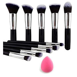 10 - Fiber Bristle Makeup Brushes Set Tool Pro Foundation Eyeliner Eyeshadow + Sponge Puff (Random Color) - Combo of 2