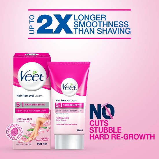 Veet Pure Hair Removal Cream for Women With No Ammonia Smell - 50g | Suitable for Legs, Underarms, Bikini Line, Arms | 2x Longer Lasting Smoothness than Razors (Random Model) - Pack of 1