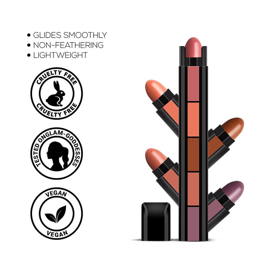 5-in-1 Lipstick 7.5gm | NUDE EDITION Five Shades In One| Long Lasting, Matte Finish| Non Drying Formula with Intense Color Payoff| Compact & Easy to Use