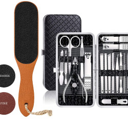 COMBO of Wooden Pedicure Feet Filer / Scrubber with Handle for Callus, Dry, and Dead Skin Removal + 16 tools Manicure Set, Pedicure Kit, Nail Clippers, Professional Grooming Kit with Black Case - Combo of 2