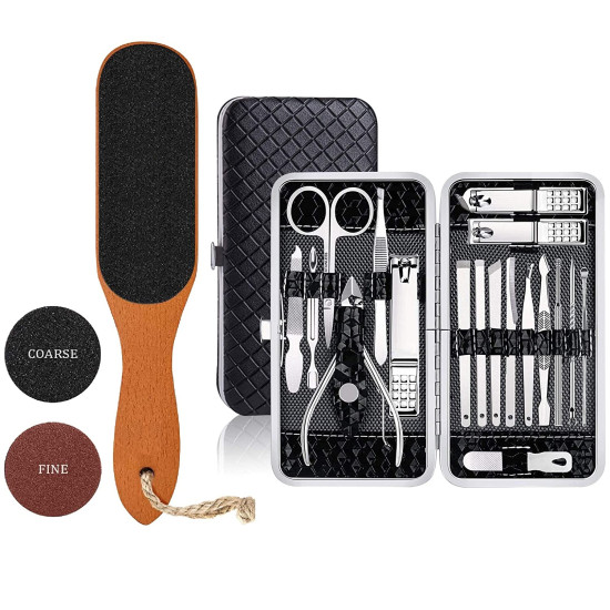 COMBO of Wooden Pedicure Feet Filer / Scrubber with Handle for Callus, Dry, and Dead Skin Removal + 16 tools Manicure Set, Pedicure Kit, Nail Clippers, Professional Grooming Kit with Black Case - Combo of 2