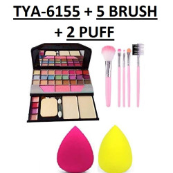 TYA 6155 Makeup Kit + 5 Pcs Makeup Brush + 2 Pc Blender Puff Combo - Multicolor