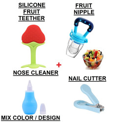 Baby Fruit Shape Soft Natural Teether + Soft Attractive Silicone FRUIT Nipple / NIBBLER + Safety Nail Cutter Clipper + Nasal Aspirator / Cleaner - Vacuum Suction for Blocked Nose | BPA Free Set for Babies/Toddlers/Infants | MIX COLOR | COMBO OF 4