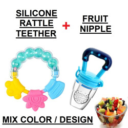 Baby RATTLE Soft Natural Teether + Soft Attractive Silicone FRUIT Nipple / NIBBLER | BPA Free Set for Babies/Toddlers/Infants | MIX COLOR | COMBO OF 2