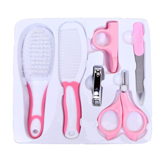 6 Pcs Baby Care Kits for Kid | Nail Clipper, Scissor, Comb, Hairbrush, Nail File Hair Grooming Brush | Healthcare kit Combo Gift Pack for Kid (PINK)