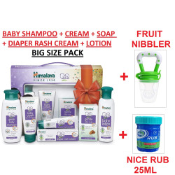 Himalaya Baby Gift Pack Basket Box - Combo of 5 | Baby Shampoo, Gentle Baby Soap, Baby Cream, Diaper Rash Cream, Baby Lotion + Nice Rub (like vicks) (25ml) + Fruit Nipple (Nibbler) | COMBO of 7