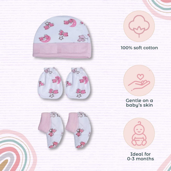 COMBO OF Newborn Baby Cotton Cap, Mitten and Booties 0-3 Months (3 Sets) + 12 Washable Reusable Multi-Colour Cotton Diapers, Nappy, Langot, Langoti | Combo of 3 Cap Sets + 12 Langoti