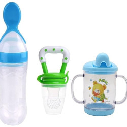 Combo of 3 - Baby Safe Silicone Squeeze Fresh Food Feeder Bottle with Food Dispensing Spoon + Infant Food/Fruit Nipple Nibbler Teething Toy Feeding Pacifier + Plastic Sipper Cup (240ml) - Random Color
