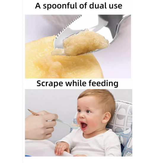 Double Head 2 in 1 Silicone Baby Soft Tip Spoon & Stainless Steel Fruit Scraper Spoon for Toddler | Multi-Use BPA Free Fruit Scraping & Feeding Spoons (Double Headed) - Random Color