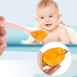 Double Head 2 in 1 Silicone Baby Soft Tip Spoon & Stainless Steel Fruit Scraper Spoon for Toddler | Multi-Use BPA Free Fruit Scraping & Feeding Spoons (Double Headed) - Random Color