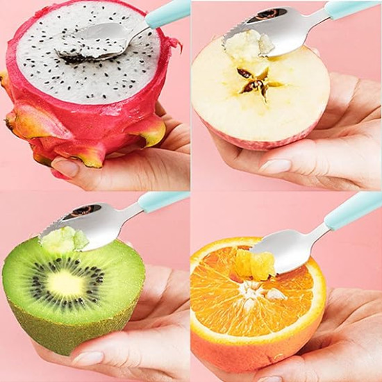 Double Head 2 in 1 Silicone Baby Soft Tip Spoon & Stainless Steel Fruit Scraper Spoon for Toddler | Multi-Use BPA Free Fruit Scraping & Feeding Spoons (Double Headed) - Random Color