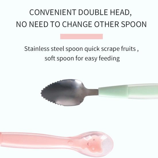 Double Head 2 in 1 Silicone Baby Soft Tip Spoon & Stainless Steel Fruit Scraper Spoon for Toddler | Multi-Use BPA Free Fruit Scraping & Feeding Spoons (Double Headed) - Random Color