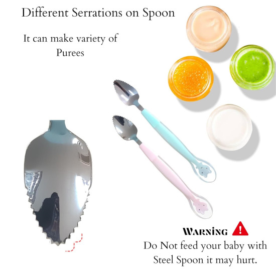 Double Head 2 in 1 Silicone Baby Soft Tip Spoon & Stainless Steel Fruit Scraper Spoon for Toddler | Multi-Use BPA Free Fruit Scraping & Feeding Spoons (Double Headed) - Random Color