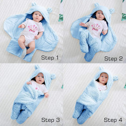New Born Security Baby Blanket Hooded Embroided Wearable Wrapper Baby Sleeping Bag | Warm Swaddle Wrap | 0-6 Months | BLUE