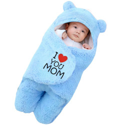 New Born Security Baby Blanket Hooded Embroided Wearable Wrapper Baby Sleeping Bag | Warm Swaddle Wrap | 0-6 Months | BLUE