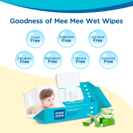 Mee Mee Caring Baby Wet Wipes with lid, 72 Pcs (Aloe Vera) - Pack of 3