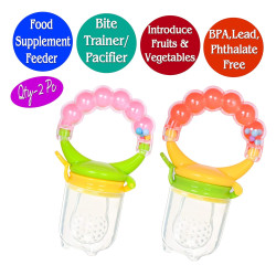 BPA Free Food Grade Plastic Food Nibbler with Rattle Handle | Fruit/ Food Feeder/Pacifier/ Nibbler with Silicone Mesh/ Soother for Babies/ Kids/ Toddler (Random Color) - Pack of 2