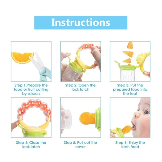 BPA Free Food Grade Plastic Food Nibbler with Rattle Handle | Fruit/ Food Feeder/Pacifier/ Nibbler with Silicone Mesh/ Soother for Babies/ Kids/ Toddler (Random Color) - Pack of 1