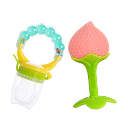 Combo of Nibbler Cum Rattle Teether (Fruit Food Feeder) + Fruit Shaped Silicone Baby Teethers (Tree Teether) | Fruit/ Food Feeder/Pacifier/ Nibbler with Silicone Mesh/ Soother Teether for Babies/ Kids/ Toddler (Random Color)