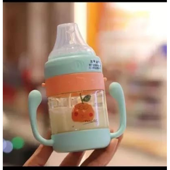 Cute Design 2 in 1 Sipper Water Bottle for Infant Toddler | 340ml Anti-Spill Sippy Cup with Soft Silicone Straw | BPA Free Anti Spill Lock Leak Proof Easy Neck Hanging Easy Lock Cap (Random Color)