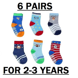 Cotton Baby Socks for Boys, Kids Socks with Rubber Grip, Socks for Baby Boy, Anti Skid Socks for Boys, Anti Slip Socks for Babies | Age 2-3 Years | Random Color - Pack of 6