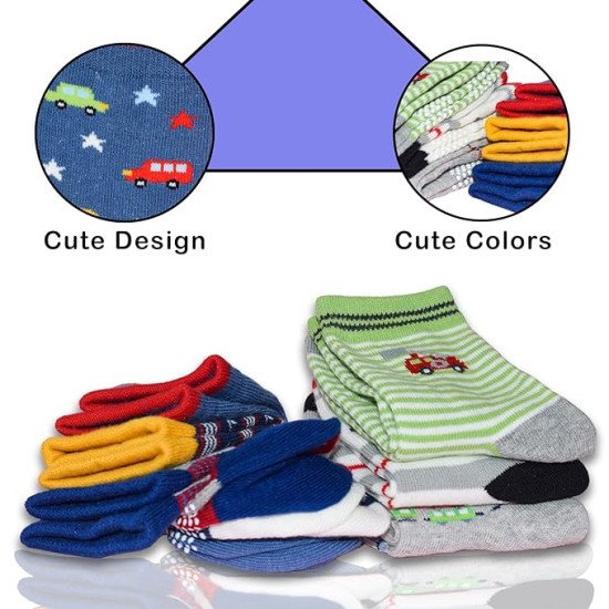 Cotton Baby Socks for Boys, Kids Socks with Rubber Grip, Socks for Baby Boy, Anti Skid Socks for Boys, Anti Slip Socks for Babies | Age 2-3 Years | Random Color - Pack of 6