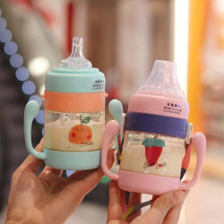 Cute Design 2 in 1 Sipper Water Bottle for Baby Kids Infant Toddler | 340ml Anti-Spill Sippy Cup with Soft Silicone Straw | BPA Free Anti Spill Lock Leak Proof Easy Neck Hanging Easy Lock Cap (Random Color) - 1 PIECE