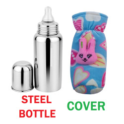 Combo of Stainless Steel –FOOD GRADE Baby Milk Feeding Bottle for Kids |Bottle For Milk and Baby Drinks | Zero Percent Plastic - No Leakage | With Nipple – Light Weight – Leak Proof – Easy To Clean (240 ml) + Hot Case Bottle Cover (Mix Color) - Set of 2