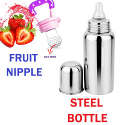 Combo of Stainless Steel – FOOD GRADE Baby Milk Feeding Bottle for Kids |For Milk and Baby Drinks | Zero Plastic - No Leakage | With Nipple – Light Weight – Leak Proof – Easy To Clean (240 ml) + Silicone Fruit Nipple/Pacifier Nibbler - Set of 2
