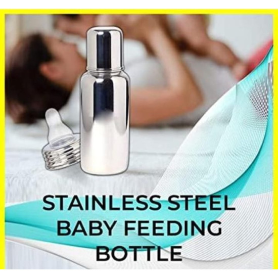 Combo of Stainless Steel – FOOD GRADE Baby Milk Feeding Bottle for Kids |For Milk and Baby Drinks | Zero Plastic - No Leakage | With Nipple – Light Weight – Leak Proof – Easy To Clean (240 ml) + Silicone Fruit Nipple/Pacifier Nibbler - Set of 2