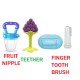 Baby Fresh Fruit Food Feeder Nibbler Pacifier Nipple + Soft Massaging Silicone Teether + Food Grade Soft Safe BPA-Free Silicone Finger Tooth Brush | Babies Toddlers Infants Kids Combo of 3