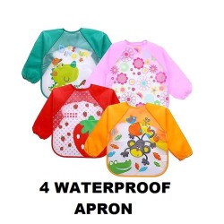 Full Sleeves Feeding Bib Apron for Babies Washable Waterproof Reusable Non Messy Easy Cleaning Quick Dry, No Bad Odour, Adjustable Neckline For Kids, Toddler | 2-4 Year | Random Color | Pack of 4