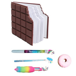 Chocolate Diary with Water Glitter pens, Unicorn Pencil, Fur Pen and Donut Eraser Stationery Set for Kids - 5 Pieces Set