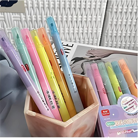 Double Headed Erasable Highlighter Pastel Shades Chisel Tip Fine Grip Marker Pen DIY Art Craft Multicolor Calligraphy Pen for Kids, Adults for Drawing, Highlighting, Birthday Gift (Set of 6)