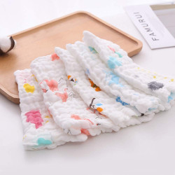 Cute Printed Muslin Cloth Organic Cotton Face Towel for New Born, Soft Absorbent Reusable Washable Square Washcloth Wipe Handkerchief for Infant Toddlers (Pack of 5, White)