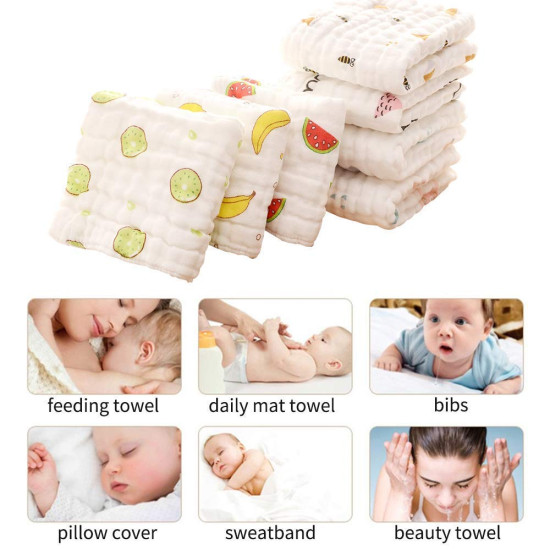 Cute Printed Muslin Cloth Organic Cotton Face Towel for New Born, Soft Absorbent Reusable Washable Square Washcloth Wipe Handkerchief for Infant Toddlers (Pack of 5, White)