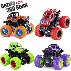 Mini Monster Truck Friction Powered Cars Toys, 360 Degree Stunt 4wd Cars Push go Truck for Toddlers Kids Gift (Multicolor) - Pack of 4