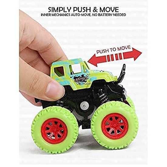 Mini Monster Truck Friction Powered Cars Toys, 360 Degree Stunt 4wd Cars Push go Truck for Toddlers Kids Gift (Multicolor) - Pack of 4