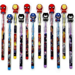 Designer Bullet Pencils Avenger Superhero Design Assorted Colours Birthday Gift Return Gifts for Kids Spiderman Captain America Iron Man Batman - Pack of 12
