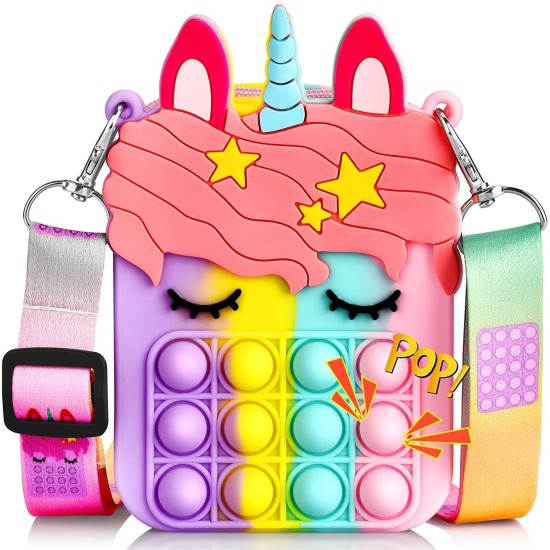 Pop it Unicorn Bags for Girls Fidget Toys Purse Women, Unicorn Pop It Bag For Girls, Unicorn Sling Bags For Girls Or Popit Bag , Pop It Purse For Girls Or Kids Sling Bag, Popet Bag Puppet Poppet Bag (Random Color) - Pack of 4