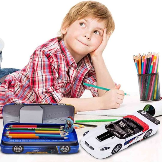 Metal Racing Car Shaped Pencil Box case with Wheels & Movable car Seats | Pencil Box for Boys - Random Color Metal Racing Car Shaped Pencil Box case with Wheels & Movable car Seats | Pencil Box for Boys - Random Color