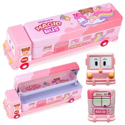 Metal Bus Double Decker Bus Shape Pencil Box for School and Wheels for Kids Birthday Party Return Gifts and Other Multi-Purpose Uses - PINK