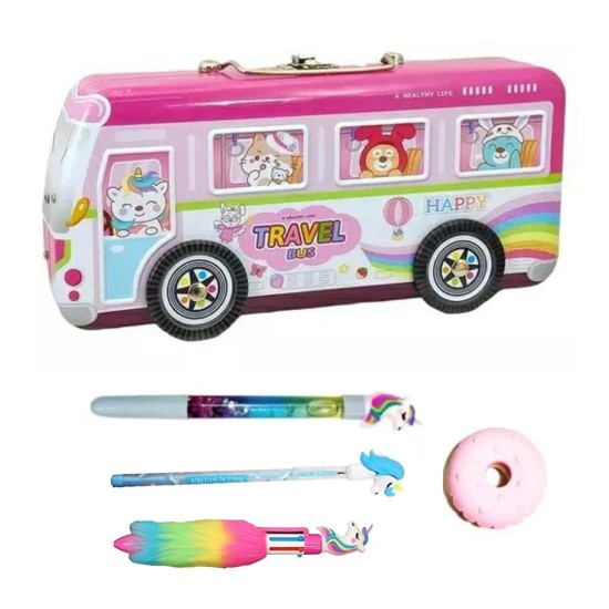 Travel Bus Geometry Pencil Box (Assorted Design) with Water Glitter pens, Unicorn Pencil, Fur Pen and Donut Eraser Stationery Set for Kids - (5 Pieces Set)