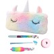 Unicorn Fur Pouch with Water Glitter pens, Unicorn Pencil, Fur Pen and Donut Eraser Stationery Set for Kids - (5 Pieces Set)