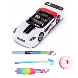 Racing Car Shape Geometry Box (Assorted Design) with Water Glitter pens, Unicorn Pencil, Fur Pen and Donut Eraser Stationery Set for Kids -(5 Pieces Set)