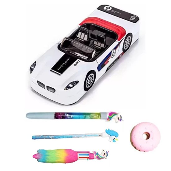 Racing Car Shape Geometry Box (Assorted Design) with Water Glitter pens, Unicorn Pencil, Fur Pen and Donut Eraser Stationery Set for Kids -(5 Pieces Set) Racing Car Shape Geometry Box (Assorted Design) with Water Glitter pens, Unicorn Pencil, Fur Pen and Donut Eraser Stationery Set for Kids -(5 Pieces Set)