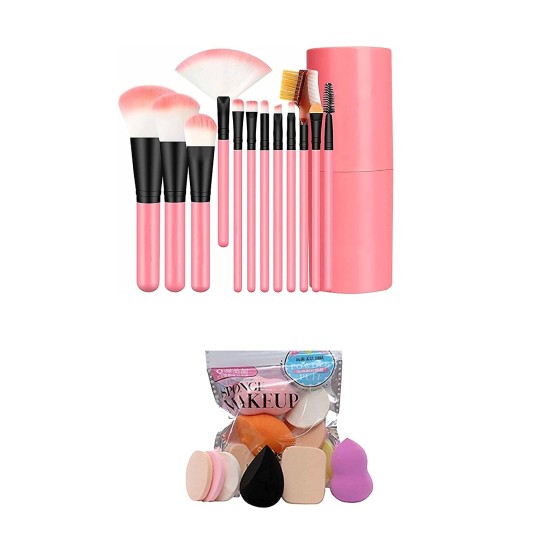 Makeup Brush Set - 12 Pcs Makeup Brushes for Foundation, Eyeshadow, Eyebrow, Eyeliner, Blush Powder, Concealer, Contour + 6 Sponge Puff (MULTICOLOR) - COMBO OF 2 (18 PIECES)