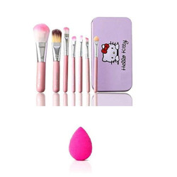 Soft Bristle Makeup Mini Brush Kit With Hello Kitty Print Storage Box | Makeup Blending Brushes Set of 7 + 1 Beauty Blender/PUFF (MULTICOLOR) - COMBO OF 2