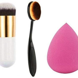 Oval (Capsule/bullet) Makeup Blush Brush + Professional Foundation Cosmetic (Spoon) Brushes Tool + Soft Sponge Blender/Puff/Sponge - Combo of 3